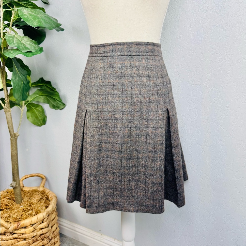 J. Crew Gray and Brown Plaid A-Line Pleated Skirt